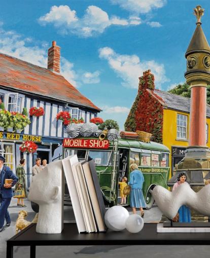 färgglad anpassningsbar svunnen tid väggmålning kallad The Market Place av Trevor Mitchell för vårdhem färgglad anpassningsbar svunnen tid väggmålning kallad The Market Place av Trevor Mitchell för vårdhem