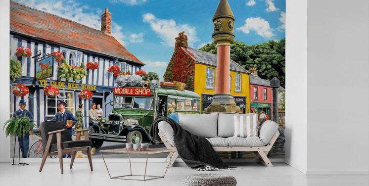 colourful customisable bygone era wall mural called The Market Place by Trevor Mitchell for residential care homes