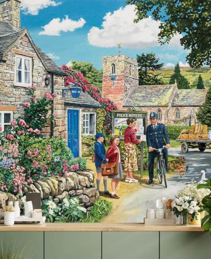 kleurrijke aanpasbare behangmuurschildering uit vervlogen tijden genaamd The Police House van Trevor Mitchell voor woonzorgcentra kleurrijke aanpasbare behangmuurschildering uit vervlogen tijden genaamd The Police House van Trevor Mitchell voor woonzorgcentra