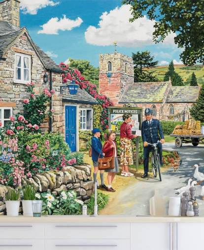 colourful customisable bygone era wallpaper mural called The Police House by Trevor Mitchell for residential care homes colourful customisable bygone era wallpaper mural called The Police House by Trevor Mitchell for residential care homes