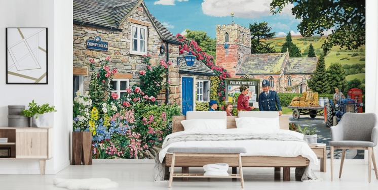 colourful customisable bygone era wallpaper mural called The Police House by Trevor Mitchell for residential care homes