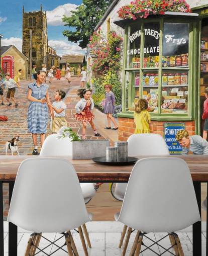 carta da parati murale colorata di epoca passata chiamata The Sweet Shop di Trevor Mitchell per case di cura carta da parati murale colorata di epoca passata chiamata The Sweet Shop di Trevor Mitchell per case di cura