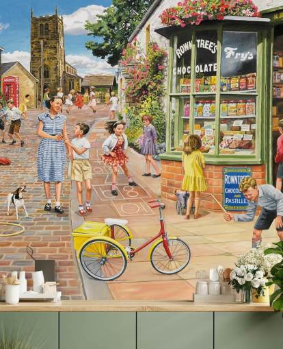 mural de papel de parede colorido da era passada chamado The Sweet Shop de Trevor Mitchell para casas de repouso mural de papel de parede colorido da era passada chamado The Sweet Shop de Trevor Mitchell para casas de repouso