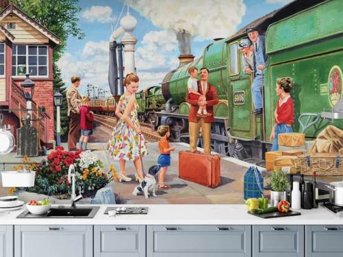 green steam train at station wallpaper