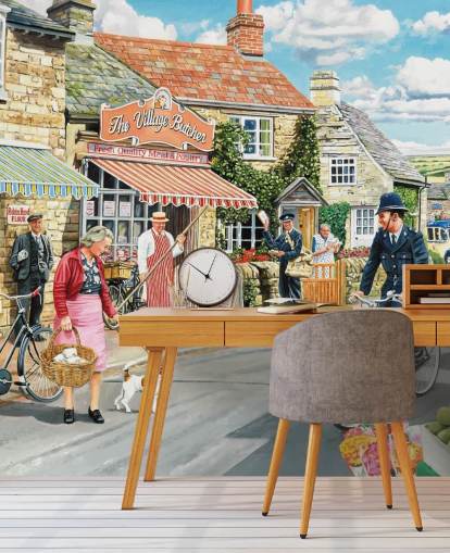 farverigt tapetmaleri fra svunden æra kaldet The Village High Street af Trevor Mitchell til plejehjem farverigt tapetmaleri fra svunden æra kaldet The Village High Street af Trevor Mitchell til plejehjem