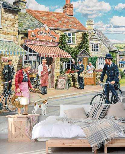 fargerikt tapetmaleri fra svunnen tid kalt The Village High Street av Trevor Mitchell for omsorgsboliger fargerikt tapetmaleri fra svunnen tid kalt The Village High Street av Trevor Mitchell for omsorgsboliger