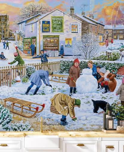 scena invernale vecchio stile di bambini che giocano nella carta da parati neve scena invernale vecchio stile di bambini che giocano nella carta da parati neve