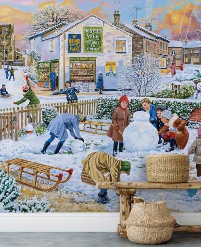 gammeldags vinter scene af børn leger i sneen tapet gammeldags vinter scene af børn leger i sneen tapet