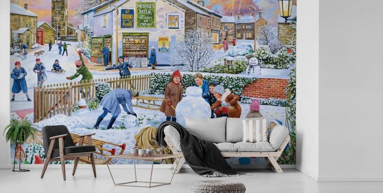altmodische Winterszene von Kindern, die im Schnee spielen Tapete