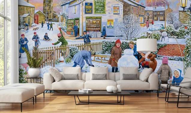 old fashioned winter scene of children playing in the snow wallpaper