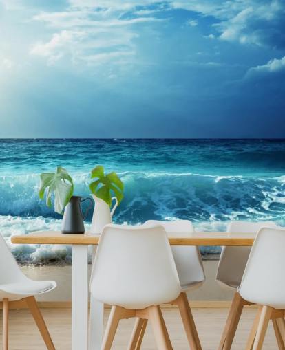 sininen trooppinen ranta taustakuvamaalaus nimeltä Waves at Seychelles Beach toimistoihin, makuuhuoneisiin ja kylpyhuoneisiin sininen trooppinen ranta taustakuvamaalaus nimeltä Waves at Seychelles Beach toimistoihin, makuuhuoneisiin ja kylpyhuoneisiin