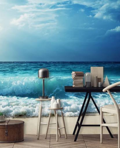 blue tropical beach wallpaper mural called Waves at Seychelles Beach for offices, bedrooms and bathrooms blue tropical beach wallpaper mural called Waves at Seychelles Beach for offices, bedrooms and bathrooms