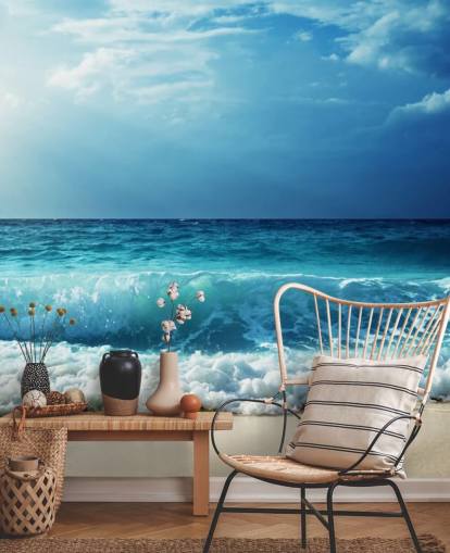 blue tropical beach wallpaper mural called Waves at Seychelles Beach for offices, bedrooms and bathrooms blue tropical beach wallpaper mural called Waves at Seychelles Beach for offices, bedrooms and bathrooms