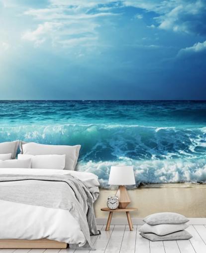 carta da parati murale blu tropicale chiamata Waves at Seychelles Beach per uffici, camere da letto e bagni carta da parati murale blu tropicale chiamata Waves at Seychelles Beach per uffici, camere da letto e bagni