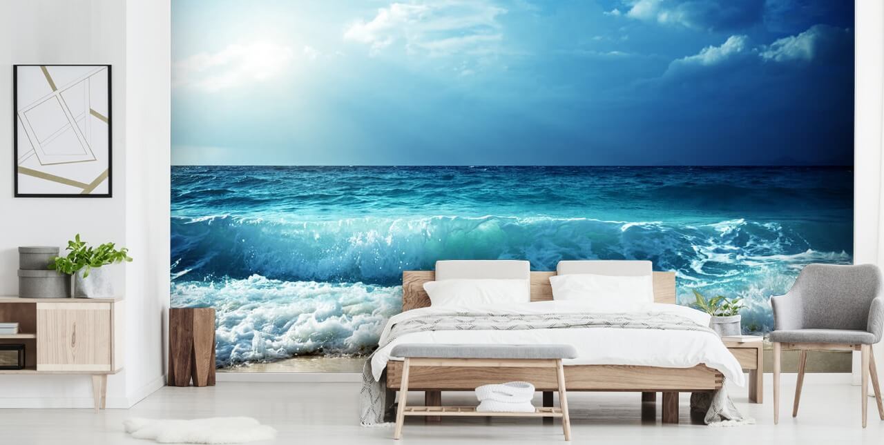 blue tropical beach wallpaper mural called Waves at Seychelles Beach for offices, bedrooms and bathrooms blue tropical beach wallpaper mural called Waves at Seychelles Beach for offices, bedrooms and bathrooms