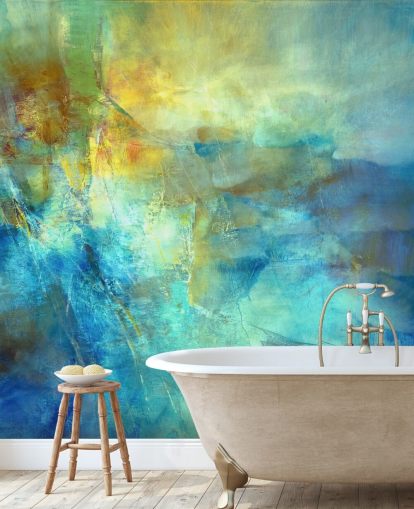 custom blue and yellow abstract mural called Ember at the Heart of the Deep from Annette Schmucker custom blue and yellow abstract mural called Ember at the Heart of the Deep from Annette Schmucker