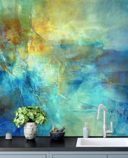 custom blue and yellow abstract mural called Ember at the Heart of the Deep from Annette Schmucker custom blue and yellow abstract mural called Ember at the Heart of the Deep from Annette Schmucker