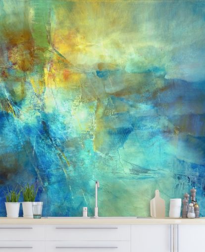 custom blue and yellow abstract mural called Ember at the Heart of the Deep from Annette Schmucker custom blue and yellow abstract mural called Ember at the Heart of the Deep from Annette Schmucker