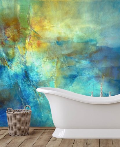 custom blue and yellow abstract mural called Ember at the Heart of the Deep from Annette Schmucker custom blue and yellow abstract mural called Ember at the Heart of the Deep from Annette Schmucker