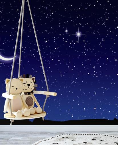 Decorazione murale con luna crescente e stelle su cielo blu navy Decorazione murale con luna crescente e stelle su cielo blu navy