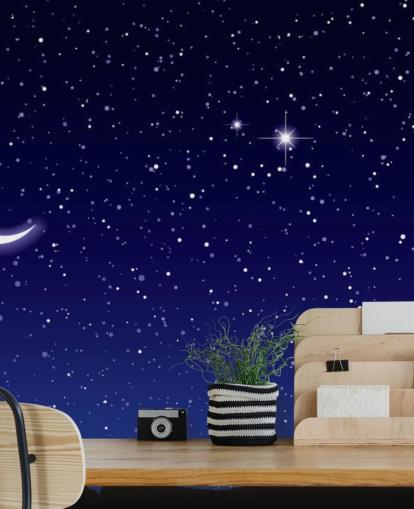 Crescent Moon and Stars on Navy Blue Sky Wall Mural Crescent Moon and Stars on Navy Blue Sky Wall Mural