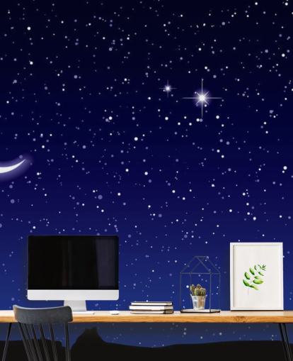 Decorazione murale con luna crescente e stelle su cielo blu navy Decorazione murale con luna crescente e stelle su cielo blu navy