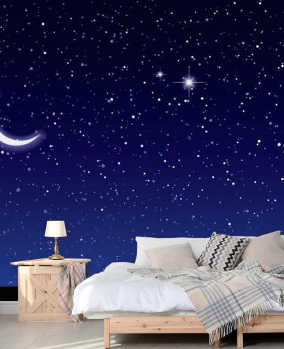 Lua crescente e estrelas no mural da parede do céu azul marinho Lua crescente e estrelas no mural da parede do céu azul marinho