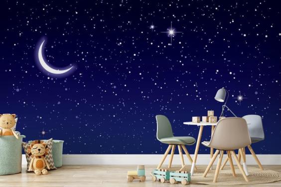 Crescent Moon and Stars on Navy Blue Sky Wall Mural