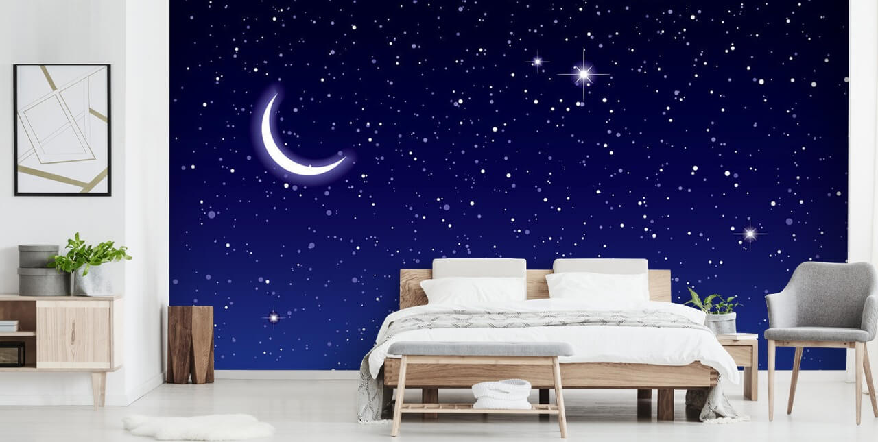 Mural de pared Luna creciente y estrellas sobre cielo azul marino Mural de pared Luna creciente y estrellas sobre cielo azul marino