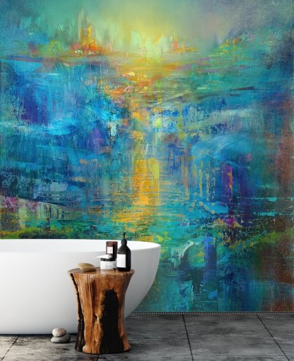 custom blue abstract mural called A New Day on the Horizon by Annette Schmucker custom blue abstract mural called A New Day on the Horizon by Annette Schmucker