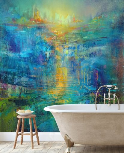custom blue abstract mural called A New Day on the Horizon by Annette Schmucker custom blue abstract mural called A New Day on the Horizon by Annette Schmucker