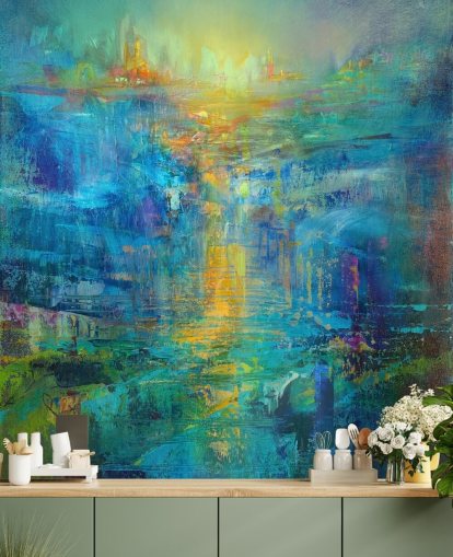 custom blue abstract mural called A New Day on the Horizon by Annette Schmucker custom blue abstract mural called A New Day on the Horizon by Annette Schmucker