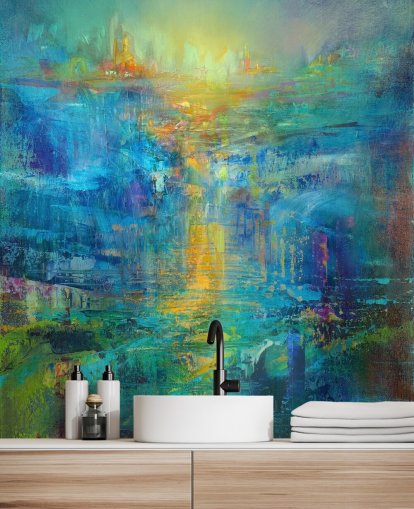 custom blue abstract mural called A New Day on the Horizon by Annette Schmucker custom blue abstract mural called A New Day on the Horizon by Annette Schmucker