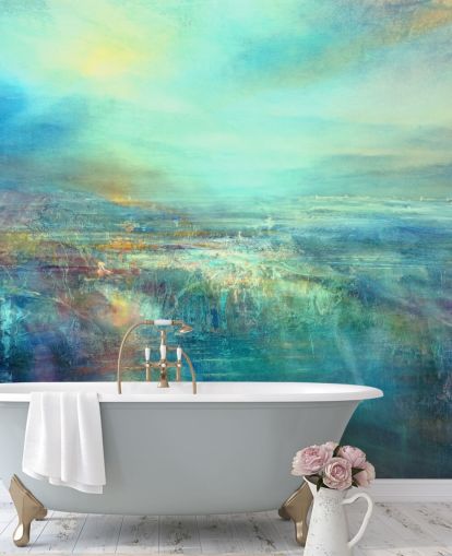 made to measure blue abstract wall mural called Daybreak by Annette Schmucker made to measure blue abstract wall mural called Daybreak by Annette Schmucker