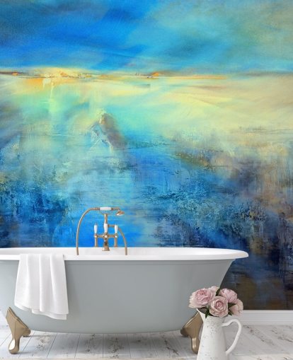 custom blue abstract art mural called Light Covers the World by Annette Schmucker for kitchens and bathrooms custom blue abstract art mural called Light Covers the World by Annette Schmucker for kitchens and bathrooms
