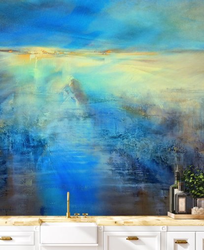 custom blue abstract art mural called Light Covers the World by Annette Schmucker for kitchens and bathrooms custom blue abstract art mural called Light Covers the World by Annette Schmucker for kitchens and bathrooms