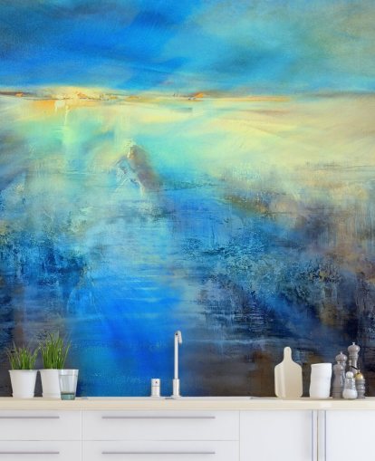 custom blue abstract art mural called Light Covers the World by Annette Schmucker for kitchens and bathrooms custom blue abstract art mural called Light Covers the World by Annette Schmucker for kitchens and bathrooms
