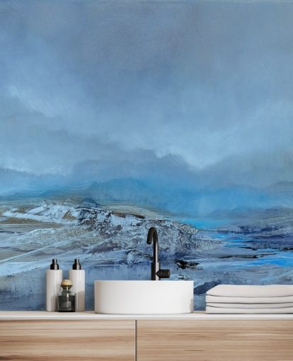 blue custom abstract landscape mural called Silent by Annette Schmucker for bedrooms and bathrooms blue custom abstract landscape mural called Silent by Annette Schmucker for bedrooms and bathrooms