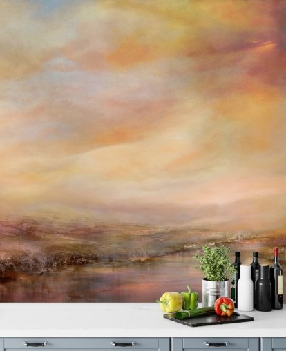 yellow and pink abstract landscape mural called Whispers of Sunset by Annette Schmucker yellow and pink abstract landscape mural called Whispers of Sunset by Annette Schmucker