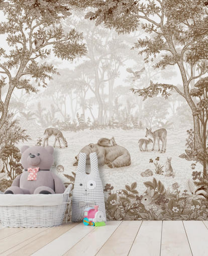 sepia toned made to measure kids forest mural called Sleepy Bear - Sepia sepia toned made to measure kids forest mural called Sleepy Bear - Sepia
