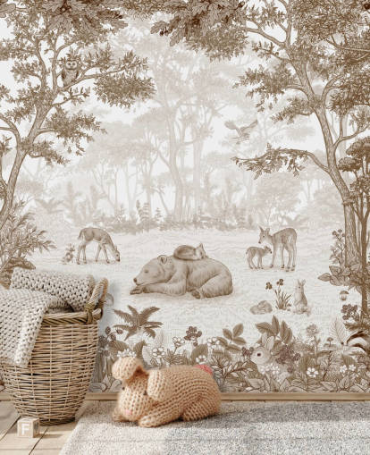 sepia toned made to measure kids forest mural called Sleepy Bear - Sepia sepia toned made to measure kids forest mural called Sleepy Bear - Sepia