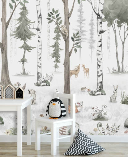 white made to measure kids forest wall mural by Kikki Belle white made to measure kids forest wall mural by Kikki Belle