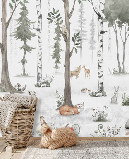 white made to measure kids forest wall mural by Kikki Belle white made to measure kids forest wall mural by Kikki Belle