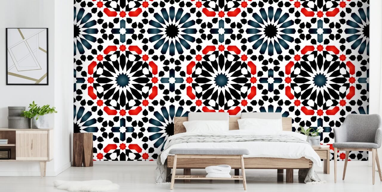 papier peint carreaux islamiques rouge, bleu et noir