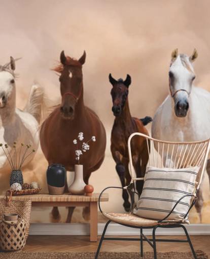 Peinture murale de course de troupeau de chevaux bruns et blancs Peinture murale de course de troupeau de chevaux bruns et blancs