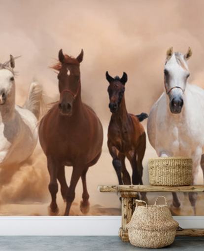 Brown and White Horses Herd Running Mural Brown and White Horses Herd Running Mural