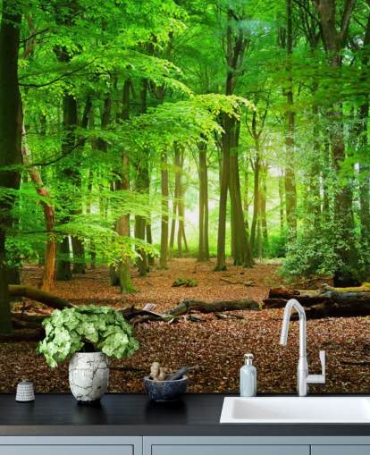 Wandtapete „Magischer Wald“ in Grün und Braun, personalisierbar, für Schlafzimmer und Badezimmer Wandtapete „Magischer Wald“ in Grün und Braun, personalisierbar, für Schlafzimmer und Badezimmer