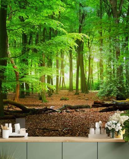 carta da parati murale personalizzabile verde e marrone chiamata Magical Forest per camere da letto e bagni carta da parati murale personalizzabile verde e marrone chiamata Magical Forest per camere da letto e bagni