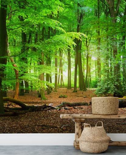 grønn og brun tilpassbar skogtapet veggmaleri kalt Magical Forest for soverom og bad grønn og brun tilpassbar skogtapet veggmaleri kalt Magical Forest for soverom og bad