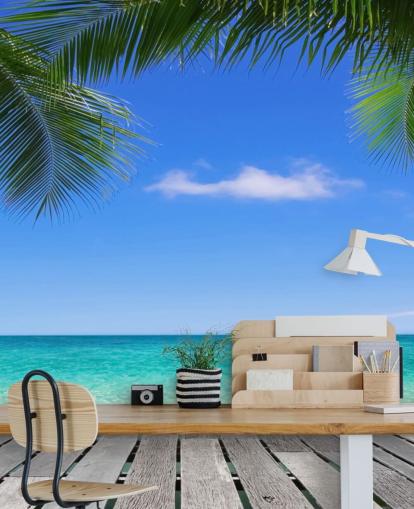 blå tropisk tapetväggmålning kallad Tropical Deck View på Wallsauce för sovrum, badrum och kontor blå tropisk tapetväggmålning kallad Tropical Deck View på Wallsauce för sovrum, badrum och kontor